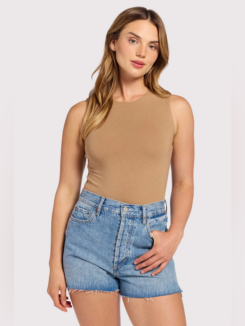 Nuuds Xxxl Cotton Modal Tank Bodysuit Beige Crewneck Stretch Soft Basic